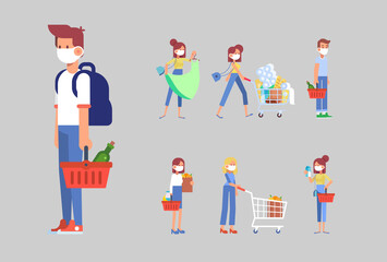 COVID-19. People in face protective masks. Shopping at supermarket. Buyer with shopping cart. Virus prevention, wearing mask, buy foods and supplies. Cartoon characters flat vector set