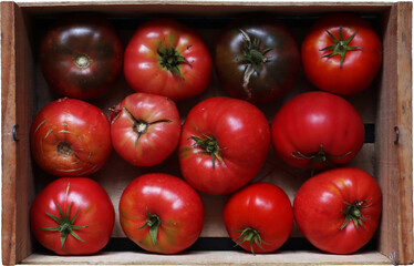Many old varieties of tomatoes in a casket on slate background for food illustration