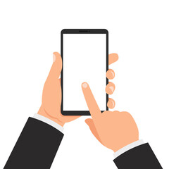 Businessman's hand holding smartphone and finger touch on blank white screen. Phone on hand. Human using mobile phone. Vector illustration flat cartoon design concept.