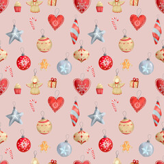 Christmas tree toy, candy seamless pattern. cute cartoon illustration