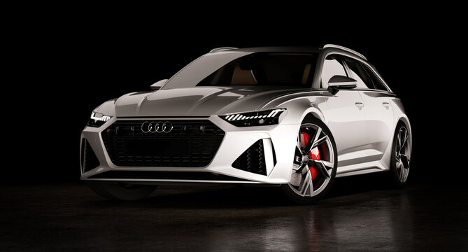 Audi RS6 Avant luxury stylish car isolated on black background. Almaty, Kazakhstan. MARCH 28, 2020. 3D render.