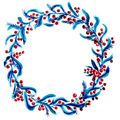 Watercolor illustration of a wreath of berries with spruce branches