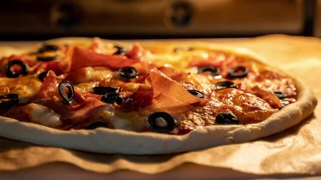 Timelapse of classic Italian pizza with prosciutto baking in an oven.  Trucking camera motion