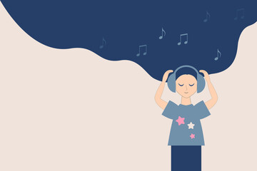 The girl listens to music. Happy kid with headphones on his head. Vector illustration.