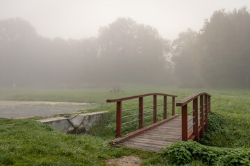 Foggy autumn morning at Spring Aranyoslapi in City Zalaegerszeg, Hungary