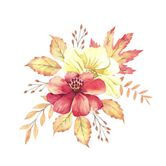 Beautiful watercolor bouquet with flowers and leaves on a white background for decoration.