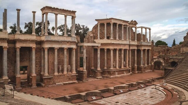 Roman Theater of M&eacute;rida , Spain time lapse . Roman historical monument view 2020