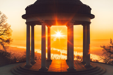Niederwald monument in Hessen Germany. Sunrise with temples and great orange colors. Great...