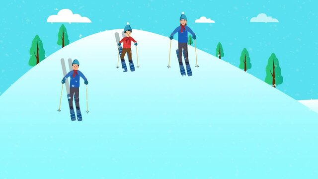 Happy parents skiing with his son on the snowy hill