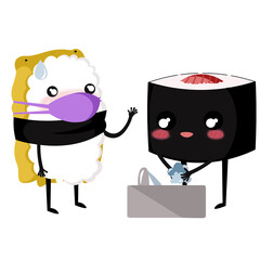 Sushi teniendo en cuenta las medidas de prevención contra el coronavirus, usando tapabocas y lavándose las manos