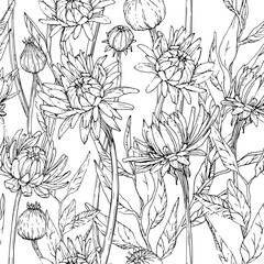 Seamless pattern with hand drawn gerbera flowers and brunchs