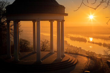 Niederwald monument in Hessen Germany. Sunrise with temples and great orange colors. Great...