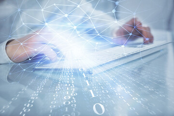 Multi exposure of tech drawings with man working on computer background. Concept of innovation.