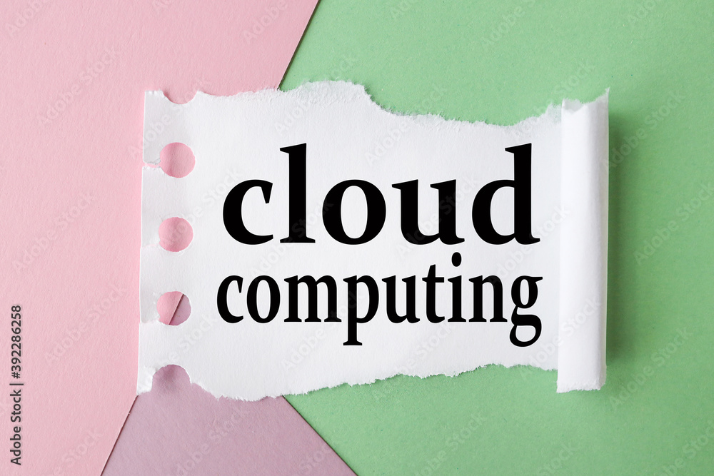 Poster cloud computing, text on white paper on multi-colored paper background