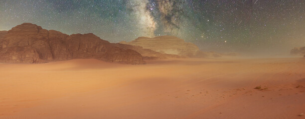 Desert and rocks on extraterrestrial or alien planet in the universe with view on space and galaxy