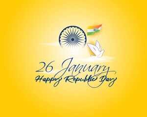 Vector banner of Happy Republic day, 26 january, national holiday of India, Indian flag, ashoka chakra, pigeon, template for website.