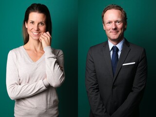 Two different people in front of a colored background