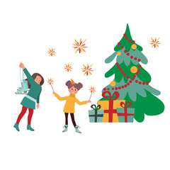 Fototapeta na wymiar Small children celebrate the New Year. A cheerful little girl decorate the Christmas tree