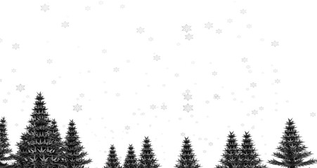 Ilustración de un paisaje de árboles estilo abeto en blanco y negro, con nieve y nevando. Fondo textura