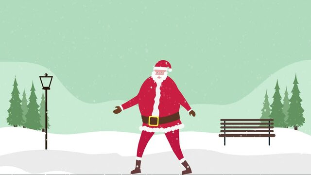 Santa claus doing dab dance under snowfall