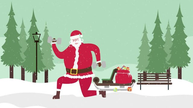 Santa claus doing exercise near gift bag and sledge