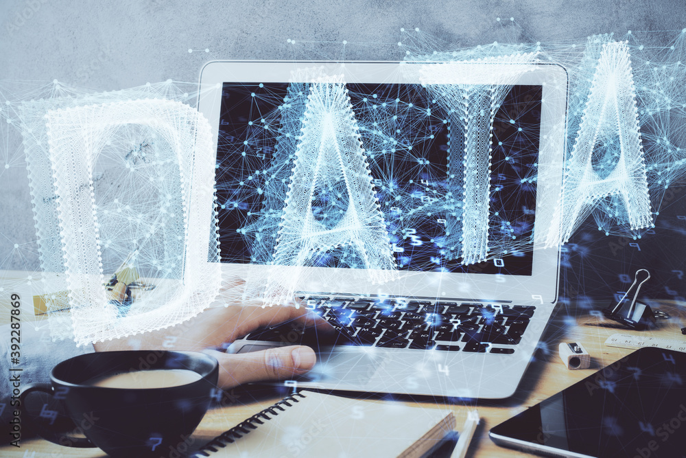 Poster Double exposure of data internet theme hologram with man working on computer on background. Concept of innovation.