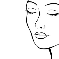 Beautiful girl with closed eyes. Pop art portrait of a woman. Vector black and white illustration for the design of a beauty and fashion salon.