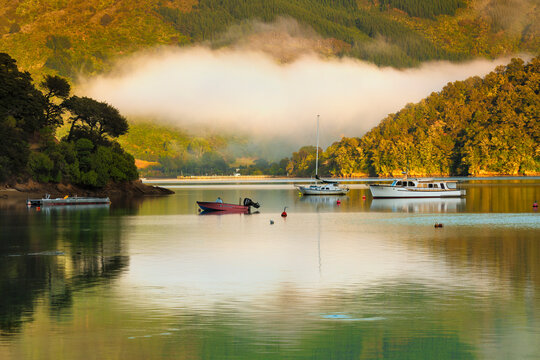 Queen Charlotte Sound and Momorangi Bay at sunrise, Marlborough Sounds, Picton, South Island, New Zealand, Pacific