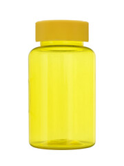 Empty medical bottle made of yellow plastic. Closed lid, isolated on a white background