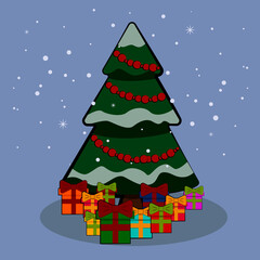 Vector illustration of presents around Christmas tree