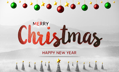 Merry christmas and happy new year concept decorated with christmas balls,star,tree and text on mountain view background at winter season , 3D Rendering illustration