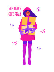 Flat vector cartoon illustration of a cute blogger girl who is preparing gifts for her subscribers and the phrase new year's give away