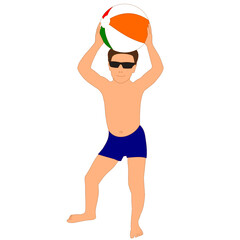 boy in blue swimming trunks and sunglasses holds a large inflatable ball over his head vector on a white background isolated