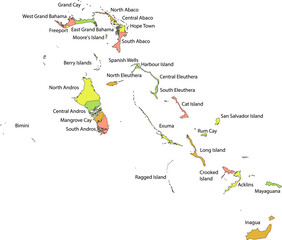 Pastel vector map of the commonwealth of The Bahamas with black borders and names of it's districts