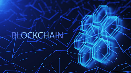 Data blocks, mesh structure of the database. Blockchain technology concept. Digital background. 3d render.