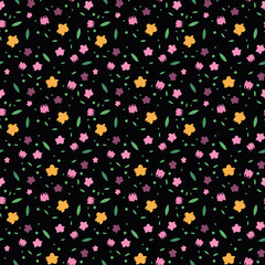 Fototapeta na wymiar Vector pattern on a black background, vector pattern of flowers. Elements for greeting cards, invitations, packaging, paper, textiles. Vector model. Naive illustrations. Ethnic, Gypsy. Chintz.