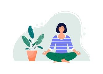 Fototapeta na wymiar Young woman meditates in lotus position with closed eyes. Happy woman sits cross-legged practicing yoga. Relaxed person enjoying leisure. Cute vector illustration in flat style.