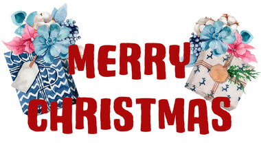 watercolor botanical illustration, template for Christmas card, Merry Christmas and New Year, plant ornament, frame with pine branches, berries, holly, mistletoe, and ferns