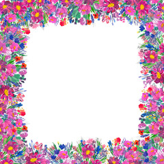 Hand-painted floral border. Wildrlowers on white background