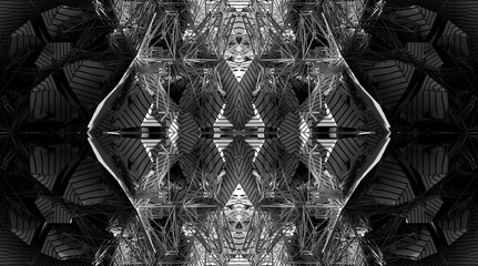 3d render of black and white monochrome abstract art 3d background with surreal cubical fractal cyber alien futuristic mechanical detail based on wire structure in white plastic material in the dark