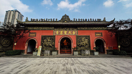 Front view of a Daci Monastery in Chengdu, China during daylight