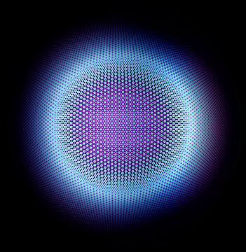 3d render of abstract art with surreal 3d ball or sphere with small circles fractal pattern on surface in neon glowing purple and blue gradient color in matte aluminum material with halo effect 