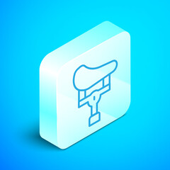 Isometric line Bicycle seat icon isolated on blue background. Bicycle saddle. Silver square button. Vector.