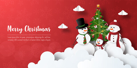 Merry Christmas and Happy New Year, Christmas banner postcard of Snowman with Christmas tree
