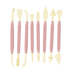 Flat vector cartoon set of plastic tools of various shapes in the amount of eight pieces for modeling isolated on a white background