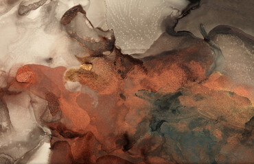 Gold and bronze grunge wall. Abstract painting blots background. Alcohol ink colors. Marble rust...