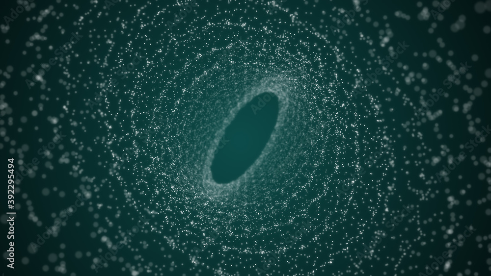 Poster 3d rendering of glittering white particles floating, swirling in a spiral trajectory and spreading a