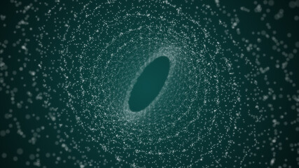 3d rendering of glittering white particles floating, swirling in a spiral trajectory and spreading around.