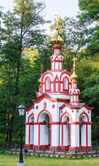Fototapeta na wymiar Belfry at the Holy Spring of St. David in the village of Talezh. Moscow region, Russia
