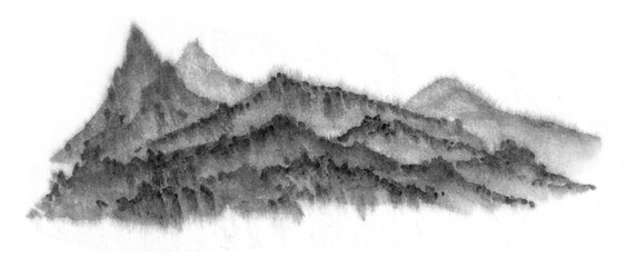 Background with mountains. Ink mountain. Black and white image. Ink Chinese mountain landscape. Mountains in the fog. Trees on the mountain. Ink image. Pines. Hill,  peak 
